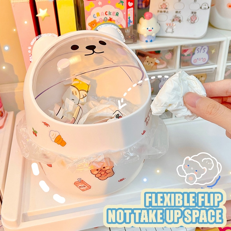 Thùng rác để bàn có nắp mini, hình chú gấu xinh xắn tặng kèm sticker cute dễ thương