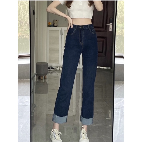 Quần bò gập gấu chất co dãn xanh đậm