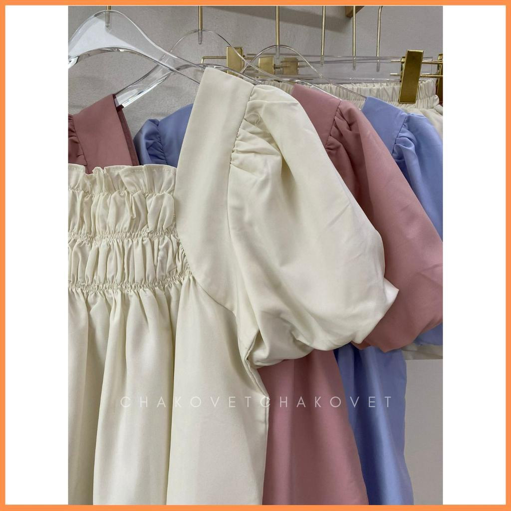 Set áo babydoll tay ngắn kèm quần sooc ulzzang S8638 Áo cổ vuông chun ngực tay phồng tiểu thư kèm quần sooc cạp chun