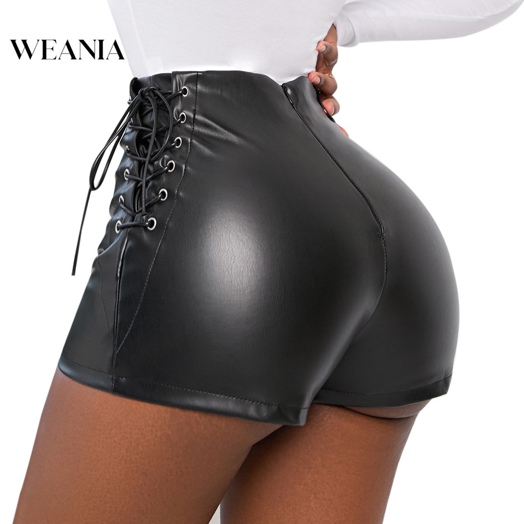 Quần Short Da PU Lưng Cao Phối Dây Rút Thời Trang Đường Phố Cá Tính Cho Nữ