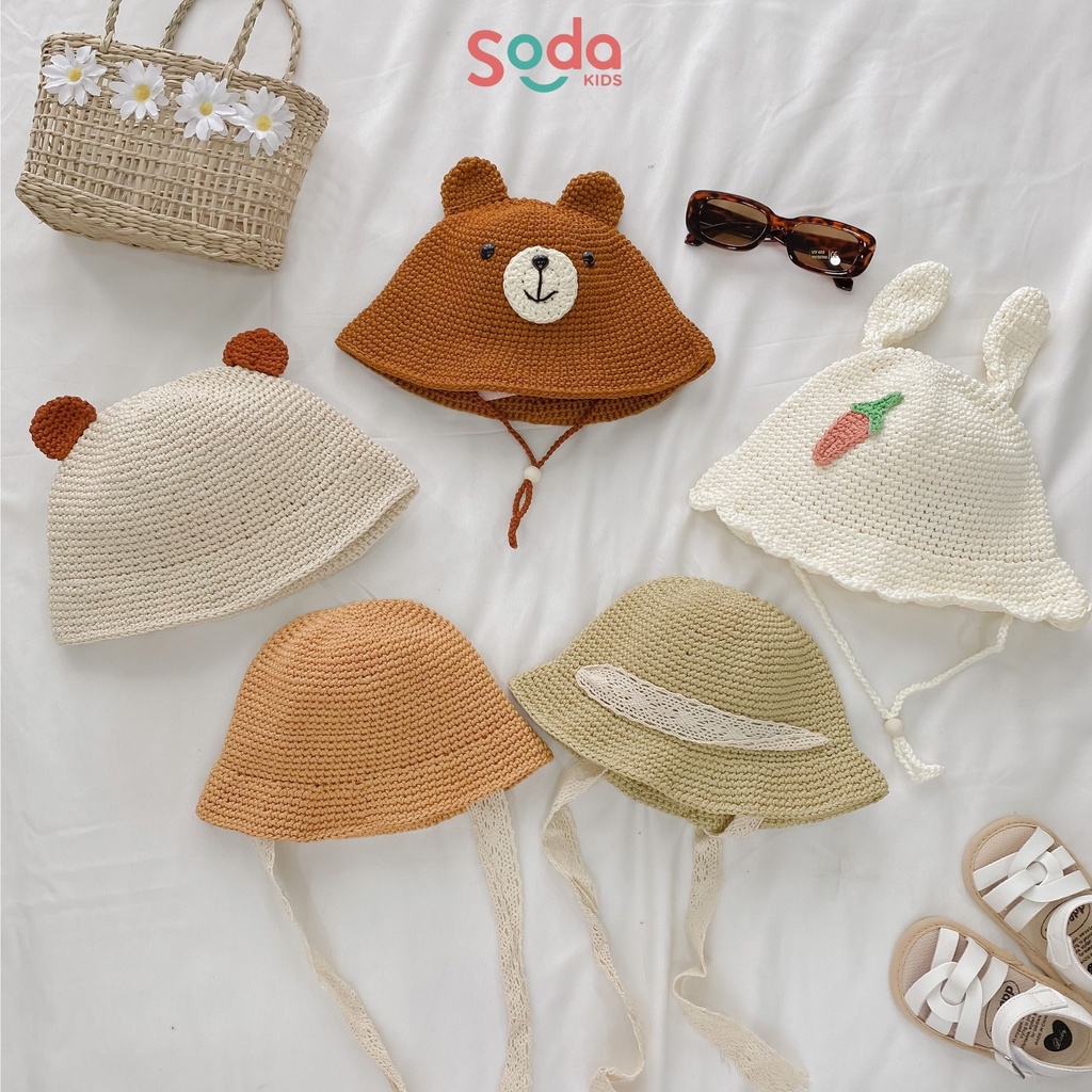 Mũ giả cói sợi móc handmade hình thú cho bé trai và bé gái