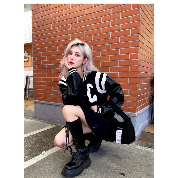 COZOK Áo khoác bóng chày tay dài dáng rộng in chữ