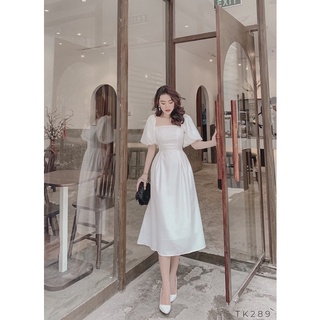 Đầm cổ vuông tay phồng xếp li eo