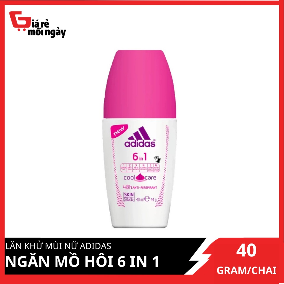 [Hàng nhập khẩu chính hãng] Lăn Khử Mùi Nữ Adidas Ngăn Mồ Hôi 6 in 1 (Hồng đậm) 40ml