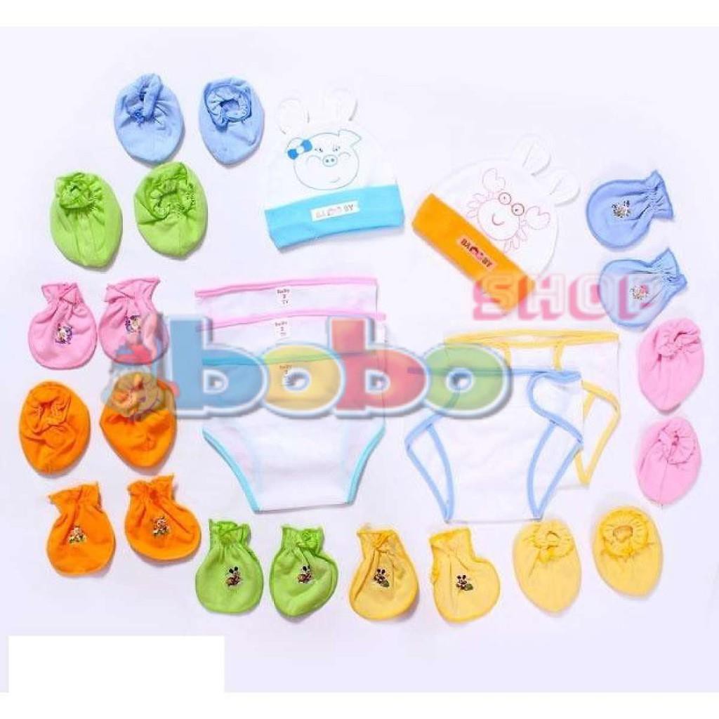17 Món Cho Bé Sơ Sinh (5 Cặp Bao Tay Dún Trâm Vy, 5 Cặp Bao Chân Dún, 2 Nón, 5 Tả)
