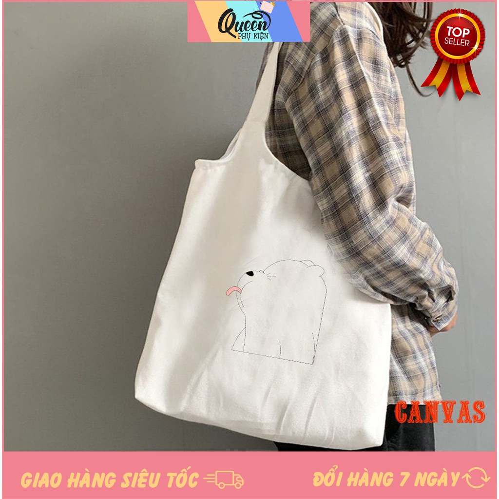 Túi Đeo Vai Vải Canvas Trắng Giá Rẻ Có Khóa Miệng 503 1026 Bear Lè Lưỡi Dễ Thương Hàng May Công Ty Chuẩn Đẹp