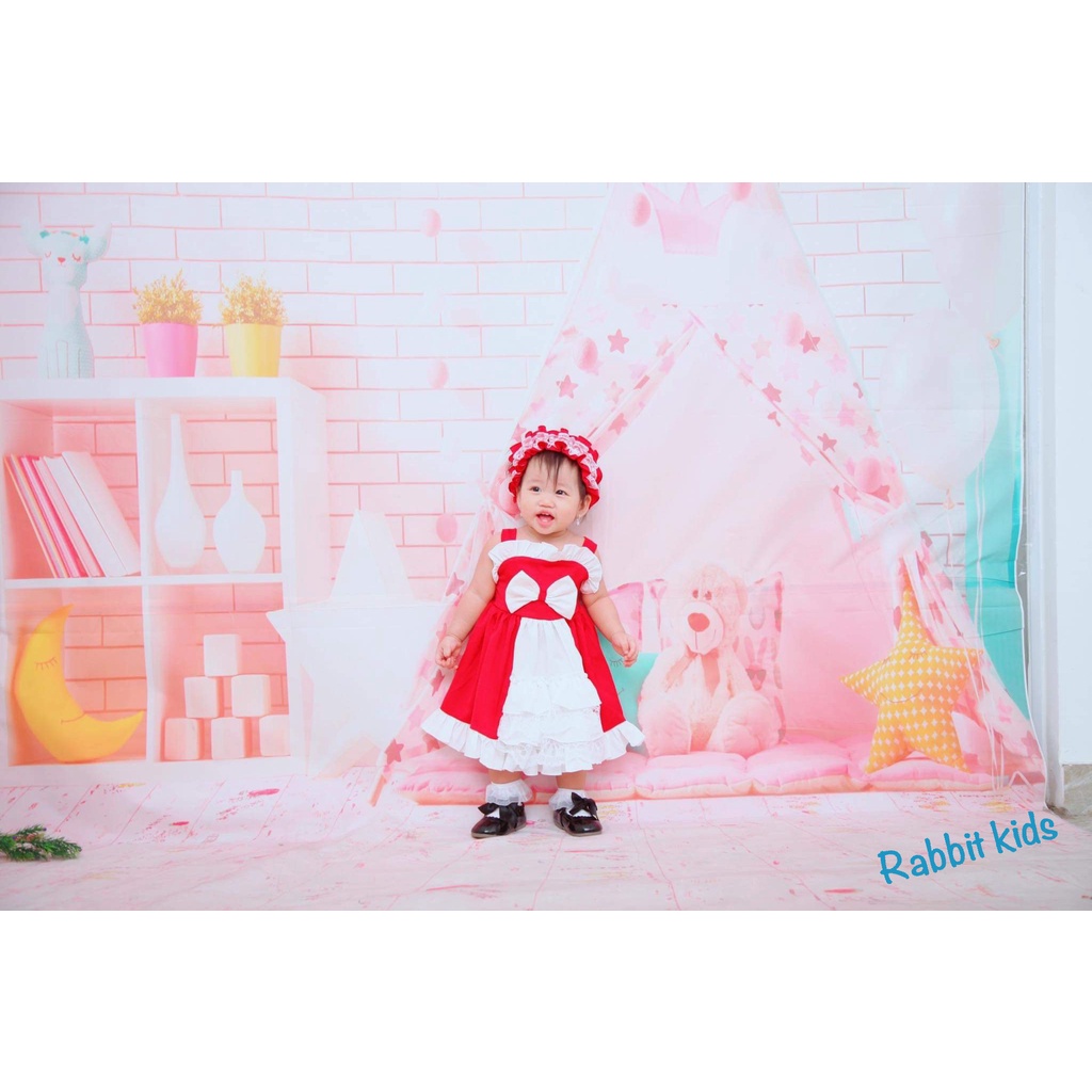 Đầm Hè Công Chúa Bé Gái FREESHIP TẶNG KÈM TURBAN - Rabbit Kids - Váy Hai Dây Lolita Đỏ Trẻ Em Vải Lụa Mềm Mại