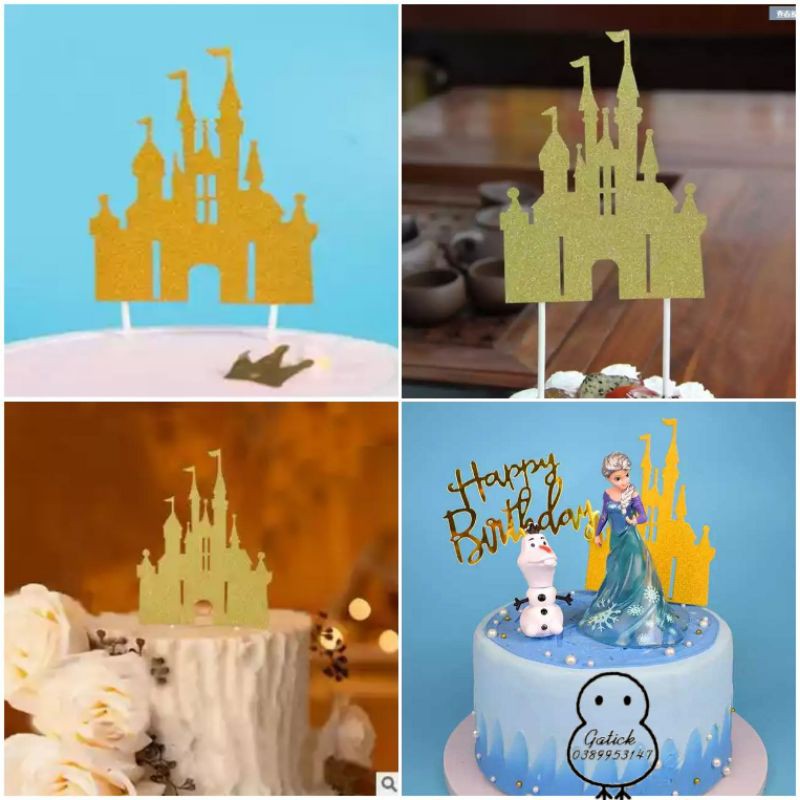 Túi 10 Hình cắm giấy lâu đài kim tuyến trang trí bánh kem, phụ kiện trang trí sinh nhật, Topper cake