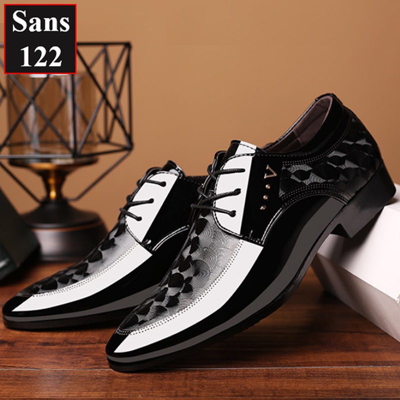 Giày tây nam big size Sans122 giầy da công sở cao cấp buộc dây da bóng 44 45 46 47 48 đen nâu đẹp mũi nhọn hàn quốc