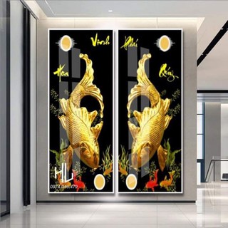 Ảnh thật siêu phẩm bộ đôi tranh tráng gương cao cấp cá chép vàng tài lộc