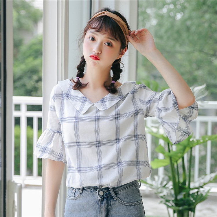Áo caro xanh phối tay bèo phong cách HQ (có hình thật)