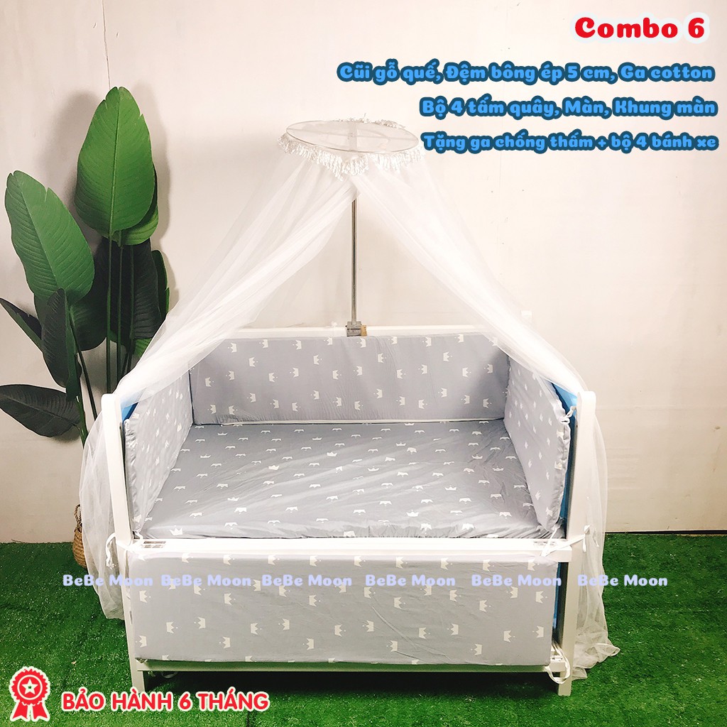 [Có Combo] Cũi Cho Bé Trai Chất Liệu Gỗ Quế Trắng_Xanh [120x80x85] BH 24 Tháng BeBe Moon