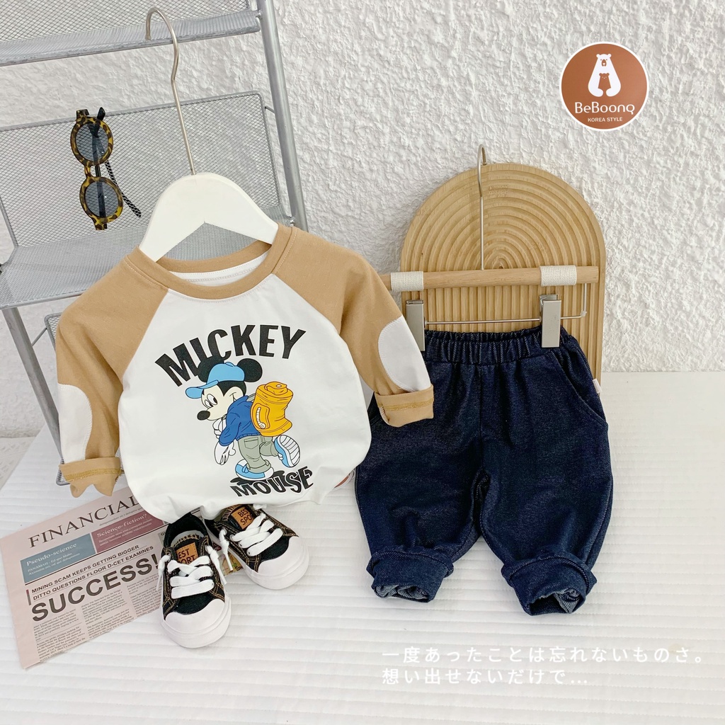 Bộ cotton bé trai hoạ tiết Mickey siêu cute, phối đáp tay 2 màu siêu xinh -PITUPI-BEBOONG