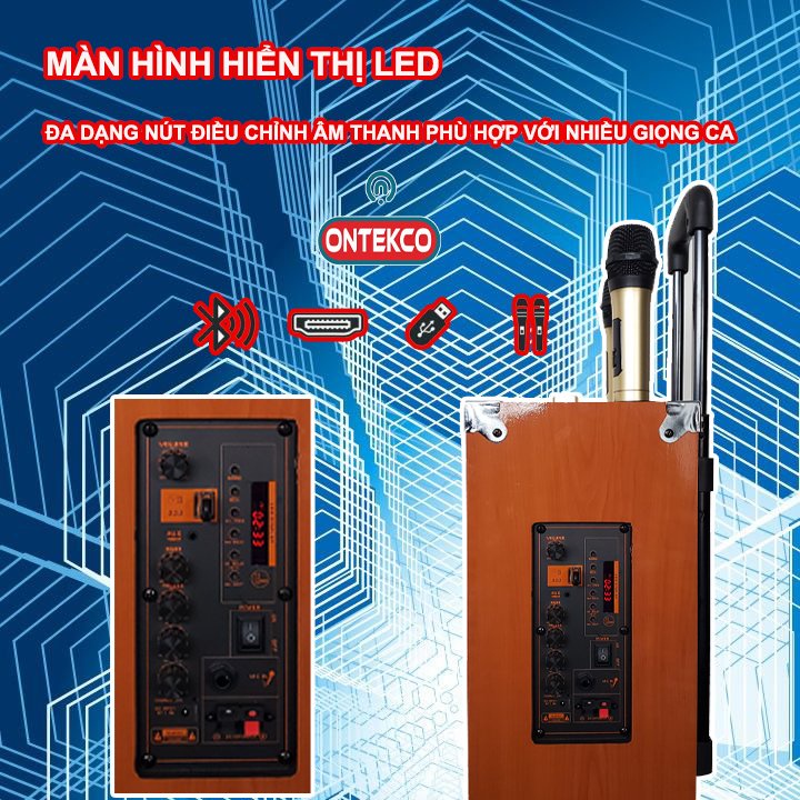 Loa kéo bluetooth Ontekco 8002 di động tặng Kèm 2 mic hát karaoke không dây cao cấp - Bảo hành chính hãng 12 tháng