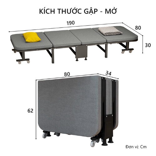 Giường gấp ngủ trưa văn phòng có bánh xe, gấp gọn - di động khung thép chắc chắn - GM64