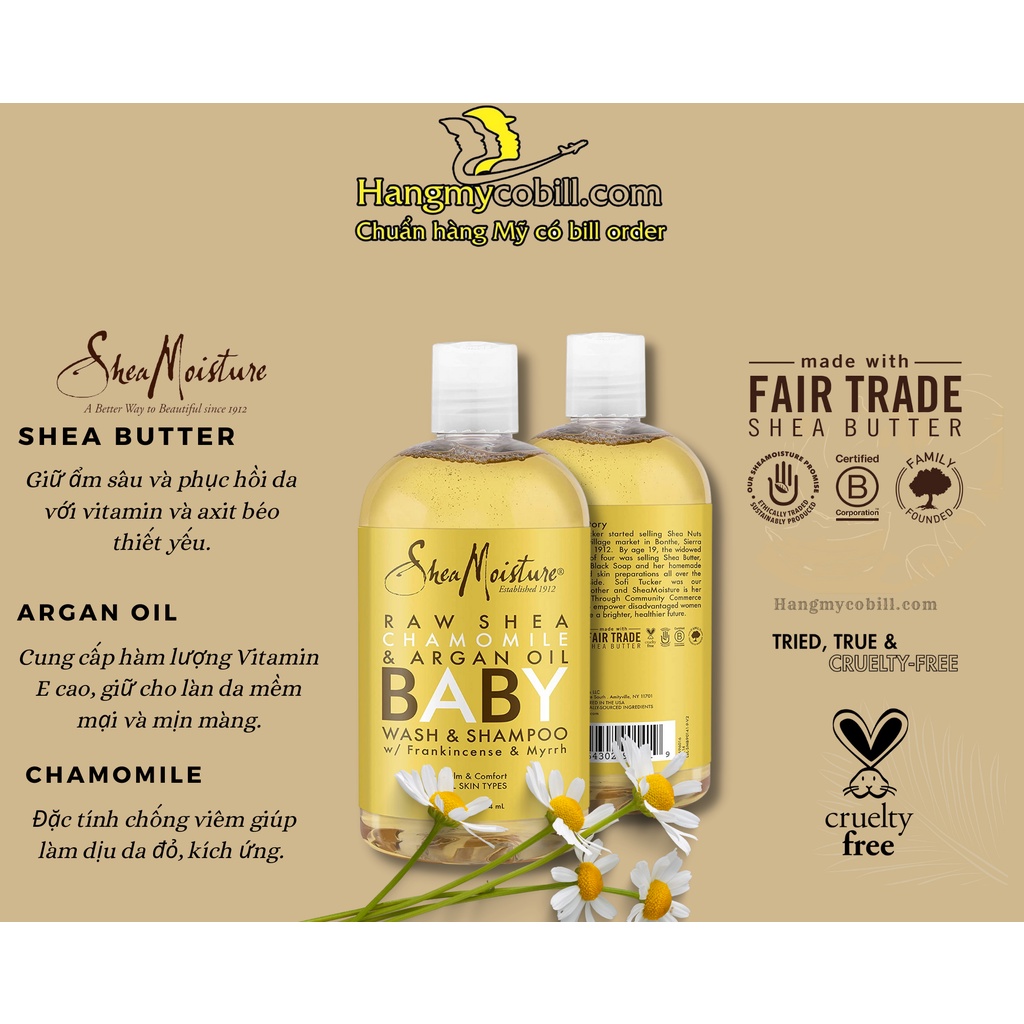 (có bill nhập)SỮA TẮM GỘI CHO BÉ SHEA MOISTURE Raw Shea, Chamomile &amp; Organ Oil 384ml