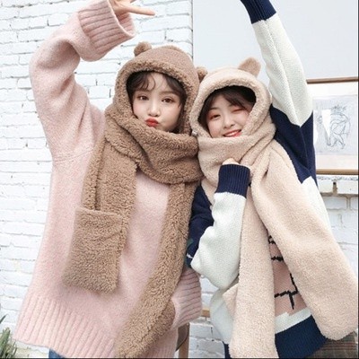 XPK446 HÀNG LOẠI 1 Mũ bông cừu tai gấu kèm khăn quàng cổ và găng tay phụ kiện thời trang Hàn Quốc