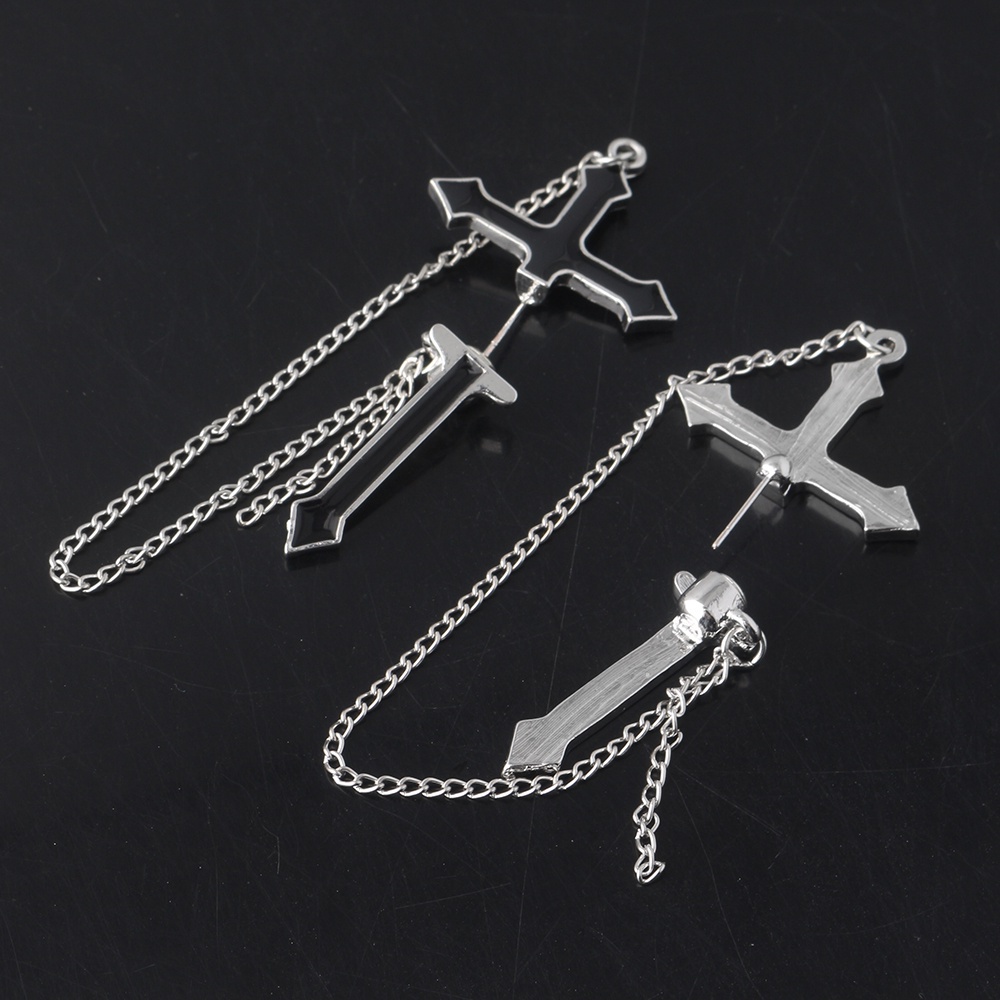 Đôi bông tai xỏ bằng hợp kim hình Thánh giá màu đen phối chuỗi xích dài làm quà tặng cho nam và nữ