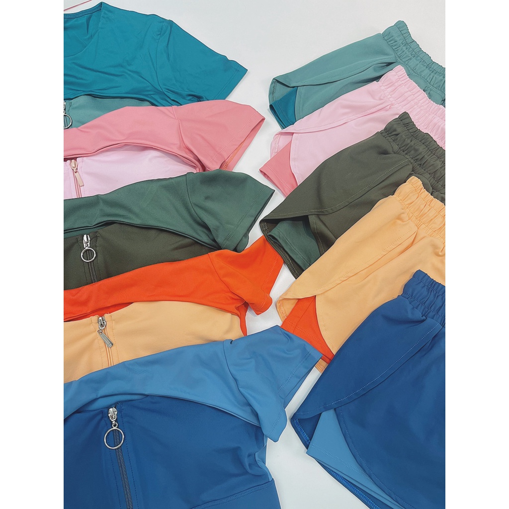 Set Ngắn Thể Thao Nữ Boxer 2 Lớp, Áo Croptop Cut Ngực Phối Dây Kéo Cực Ngầu