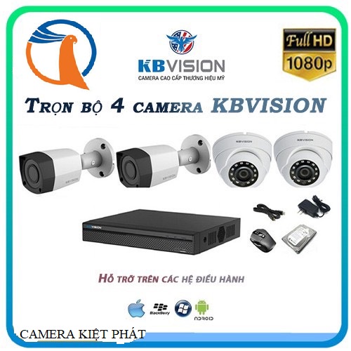 Trọn bộ 4 camera KBVISION Full HD 1080P kèm ổ cứng 500Gb - Đầy đủ phụ kiện