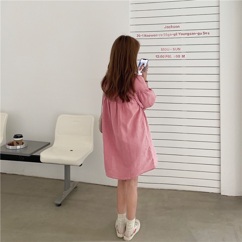 Urihouse - Đầm sơ mi babydoll form rộng dài tay màu hồng | Đầm bầu babydoll sơ mi