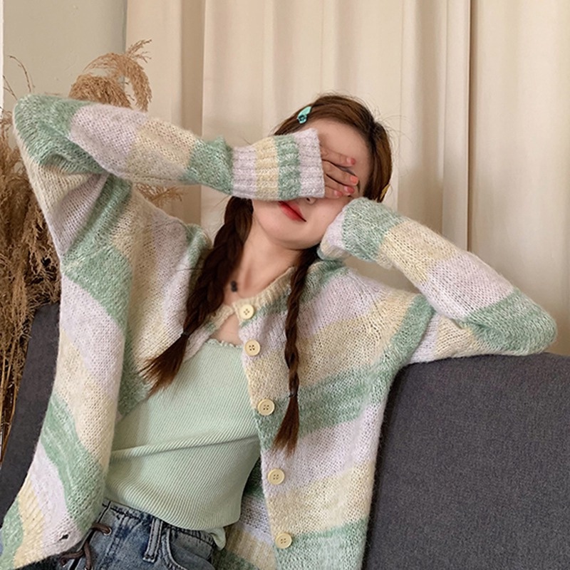 Áo Khoác Cardigan Dáng Ngắn Form Rộng Họa Tiết Kẻ Sọc Cầu Vồng Phong Cách Hàn Quốc