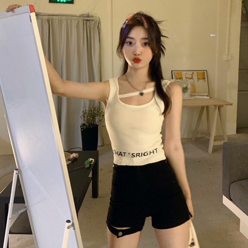 Áo Croptop Dệt Kim Sát Nách Dáng Ôm In Chữ Phong Cách Hàn Quốc Thời Trang Cho Nữ