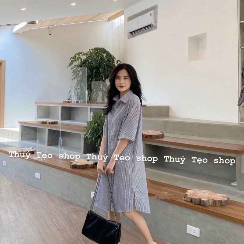 VÁY SƠ MI KẺ DỌC SUÔNG FORM RỘNG - Váy sơ mi kẻ đen/xanh dáng suông (ảnh thật/video) | BigBuy360 - bigbuy360.vn