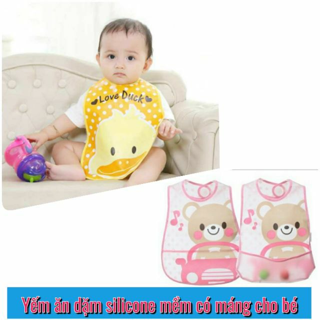 (1-2Cái) Yếm ăn dặm silicone mềm chống thấm có máng hứng cho bé