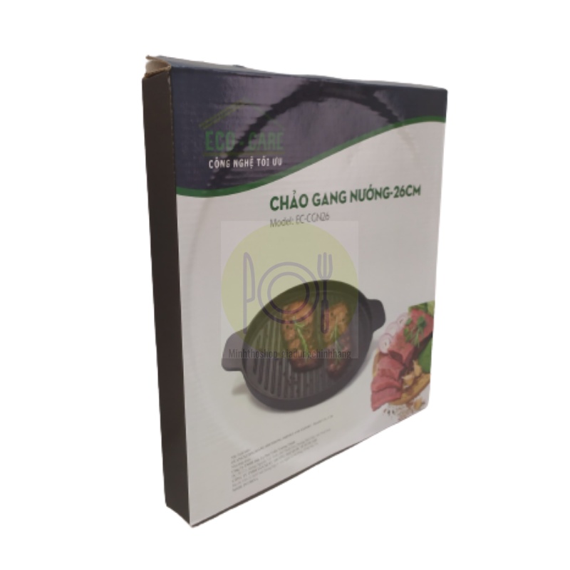 Chảo gang nướng chống dính ECO-CARE, đường kính 26cm, có rãnh thoát dầu, dùng cho bếp từ, bếp hồng ngoại, bếp điện từ…