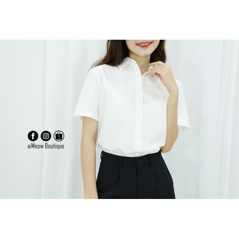 [Hình thật tự chụp] Sơ mi trắng trơn tay ngắn đi học đi làm công sở tay ngắn Meow Boutique