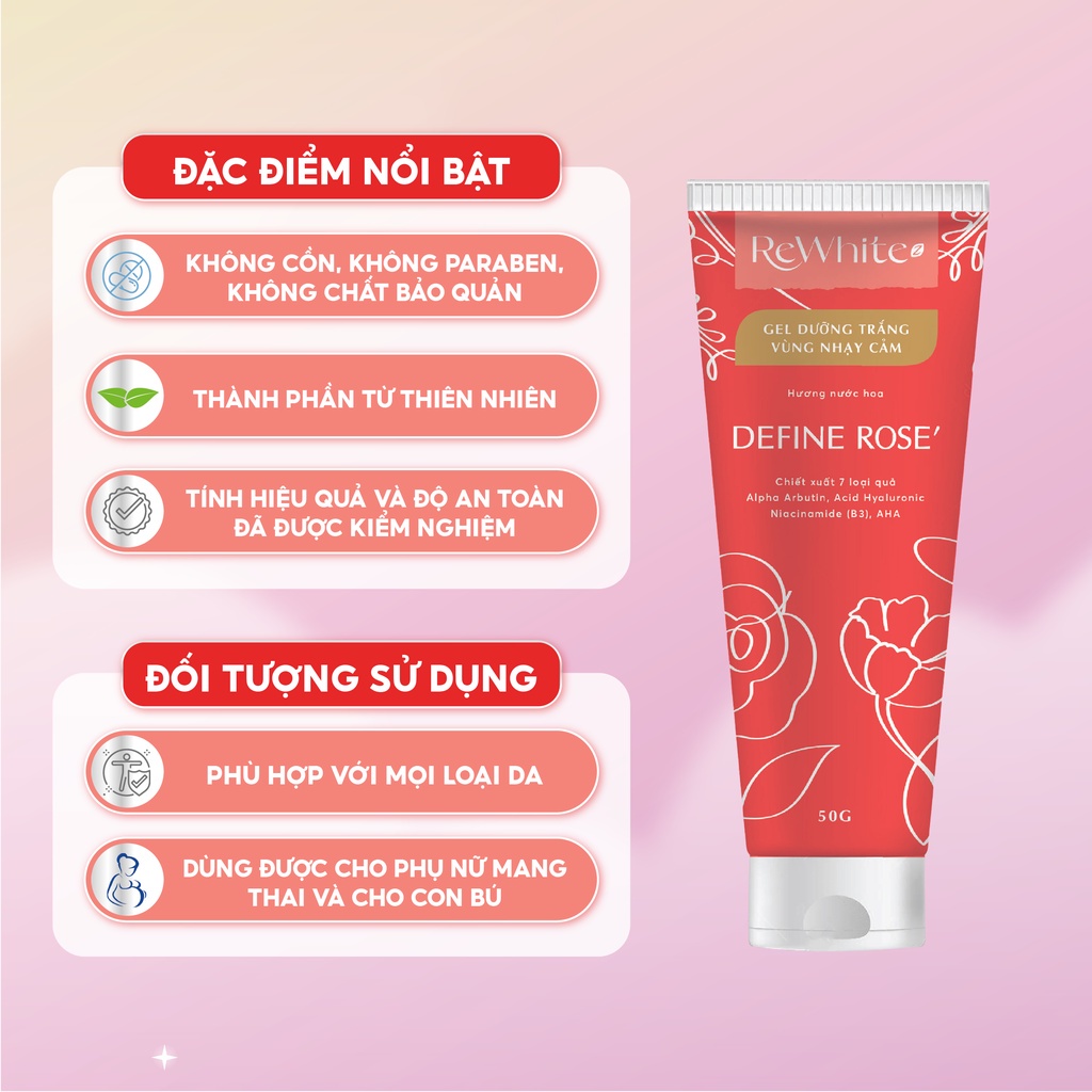Bộ sản phẩm Gel dưỡng trắng vùng nhạy cảm REWHITEZ Define Rose Gabriella Happiness Tuýp Giúp Kháng Khuẩn Cấp Ẩm Tuýp 50g
