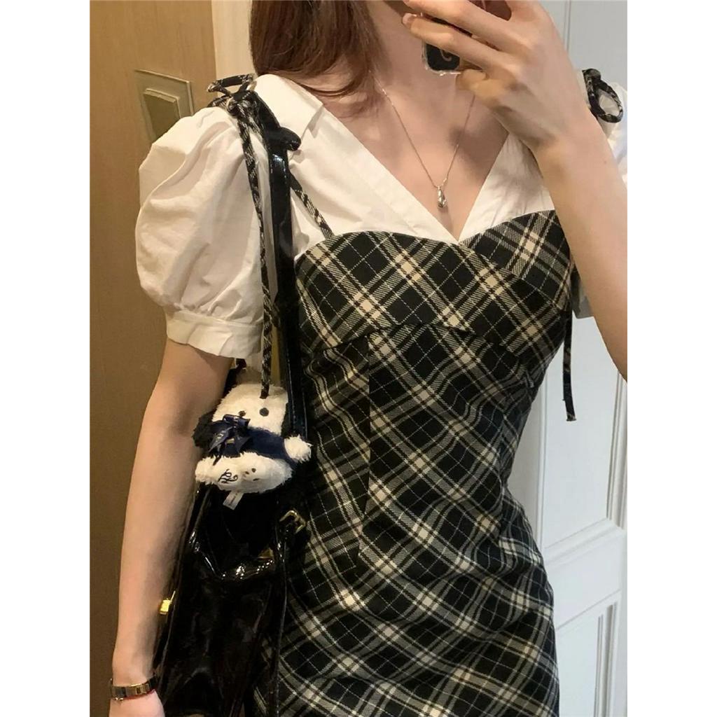 63634 Đầm Ôm Hông Giả Hai Lớp Phong Cách Preppy Retro Mỹ