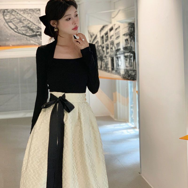 Single / suit vintage autumn and winter schoolgirl temperament long-sleeved blouse high waist slim half skirt two sets of skirt