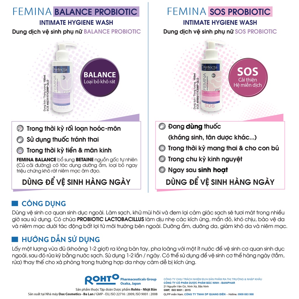 [CHÍNH HÃNG CÓ TEM] PERFECTA Femina Balance Probiotic 150mL - Dung Dịch Vệ Sinh Phụ Nữ.