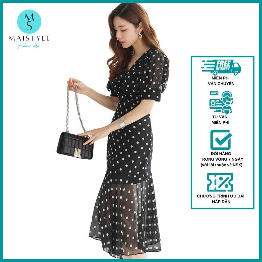 Đầm công sở MAISTYLE Váy nữ chấm bi dáng dài qua gối thiết kế tay phồng đuôi cá Đầm voan midi xòe tay ngắn MY1100 | BigBuy360 - bigbuy360.vn