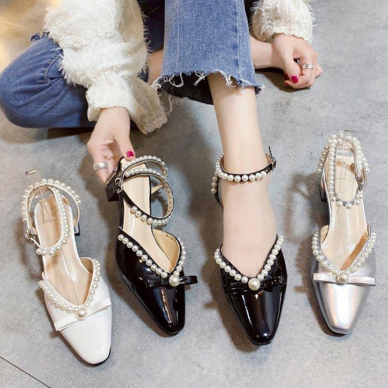French Style Girl Bow Pearl Toe Box Shoes Women's Heel Chunky Heel Vintage Mary Jane Shoes2021Years of the New Sandals