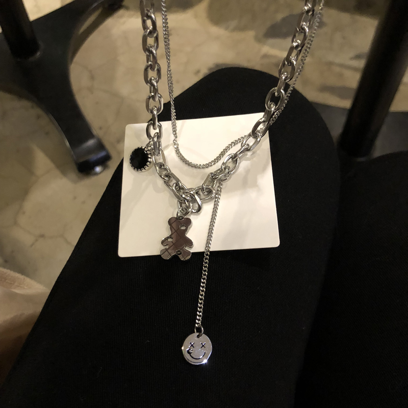 Dây chuyền hai lớp gấu mặt cười dễ thương phong cách hip hop đơn giản dễ phối