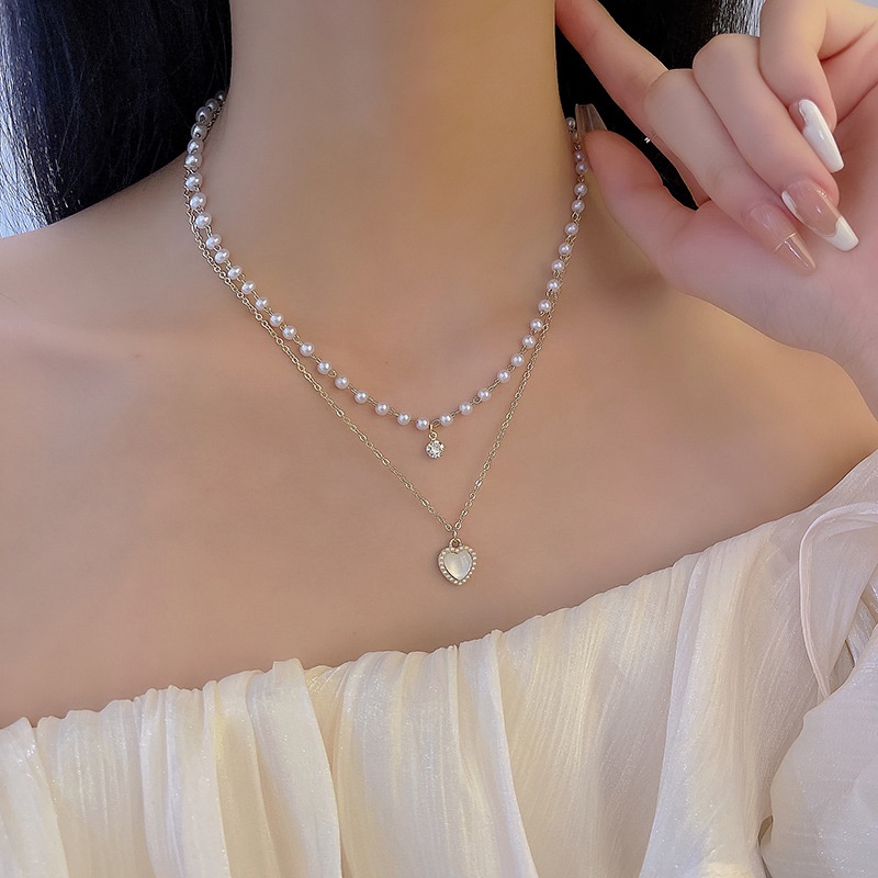 Vòng cổ Hai Lớp Đính Ngọc Trai Hình Trái Tim