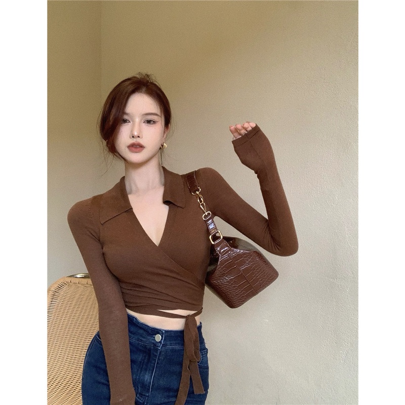 Áo dệt kim QKOOLE cổ chữ V phong cách cổ điển Hàn Quốc cho nữ