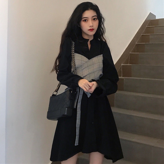 Đầm Tay Dài Giả Hai Mảnh Thắt Dây Eo Họa Tiết Kẻ Ô Vuông Thời Trang 2022 Mới Dành Cho Bạn Nữ