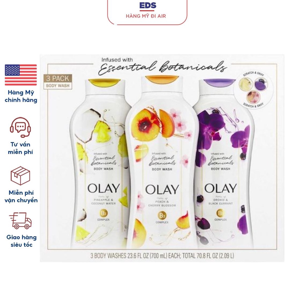 Bộ 3 chai sữa tắm Olay Essential Botanicals Body Wash làm săn da tăng độ đàn hồi ngăn lão hóa da - EDS Hàng Mỹ