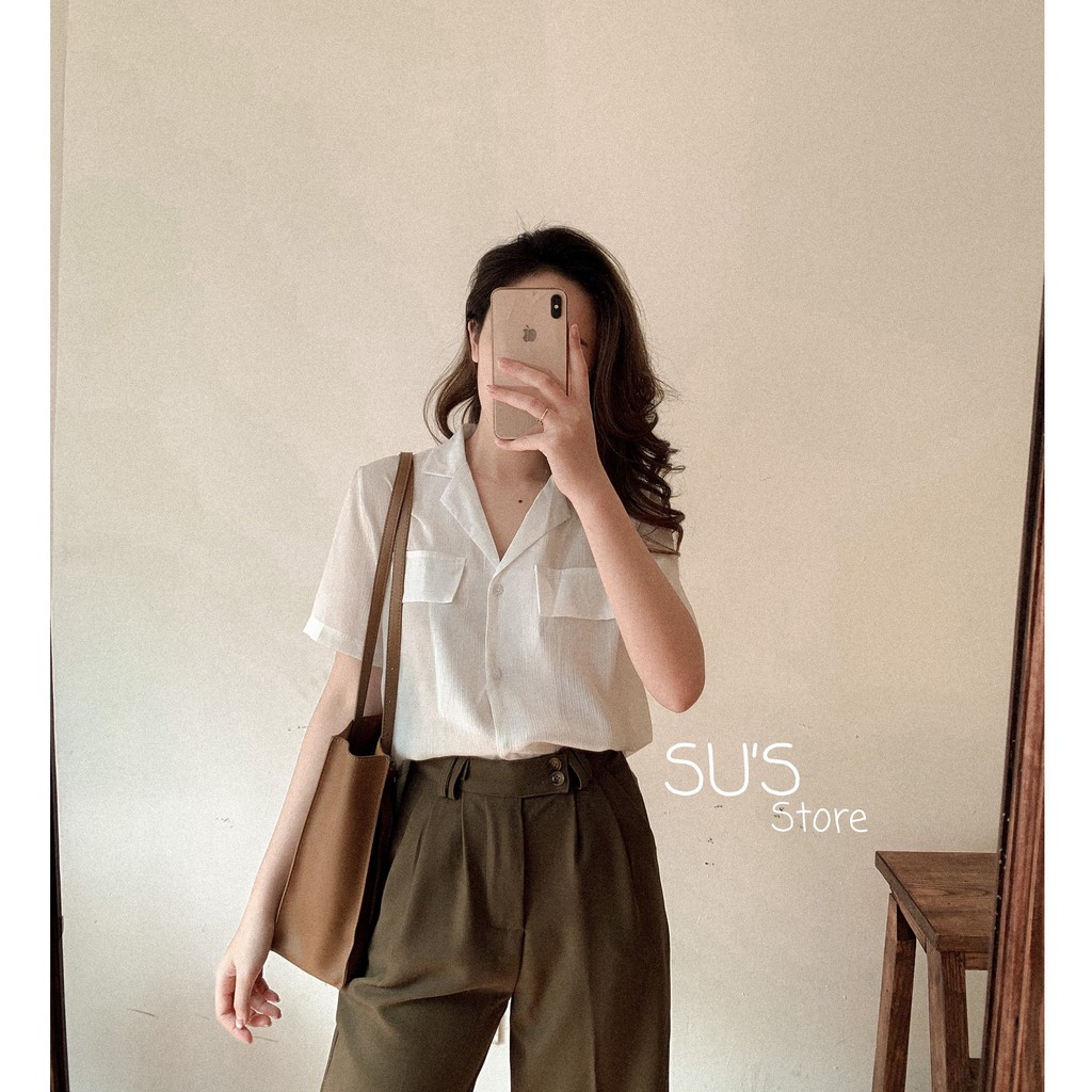Áo sơ mi voan trơn cổ vest cộc tay túi giả A1783 SUSTORE
