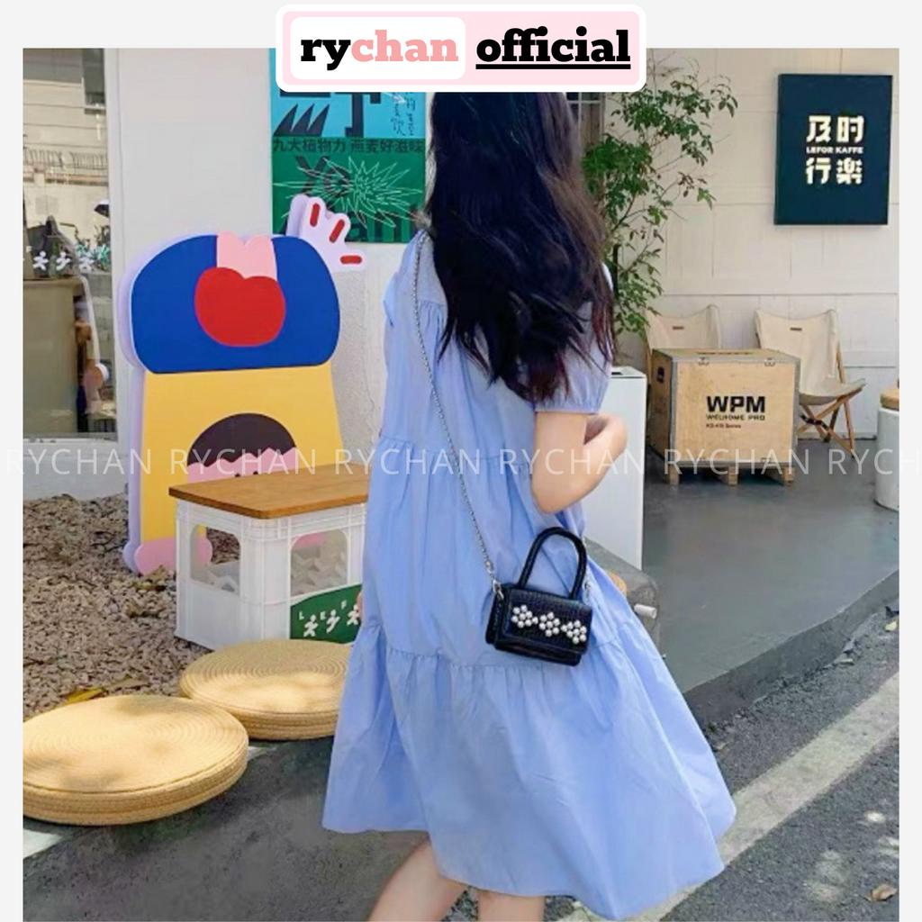 Đầm Nữ Cổ Sơ Mi Tay Ngắn Phối Nơ Cổ Xinh Xắn, Đầm Babydoll Đi Picnic Dáng Xòe Tầng Màu Xanh - DX167