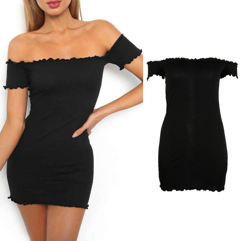 Đầm Ngắn Tay Trễ Vai Phối Bèo Màu Sắc Trơn Quyến Rũ