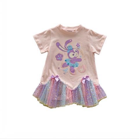 Đầm Cotton Ngắn Tay Phối Lưới Màu Cầu Vồng Họa Tiết Hoạt Hình Cho Bé Gái