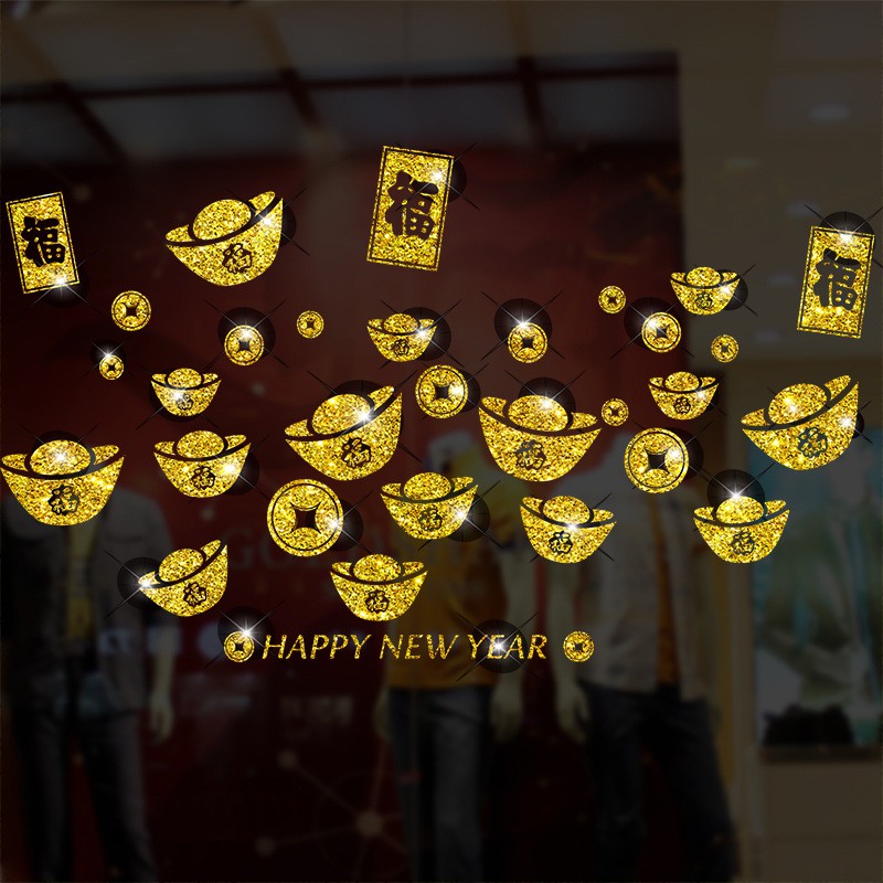 Decal Dán Kính Trang Trí Tết Nhũ Vàng