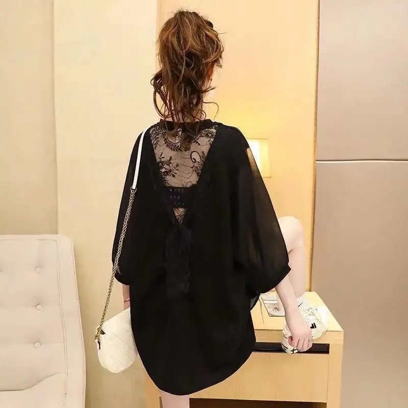 Áo Thun Dáng Rộng Tay Ngắn Phối Ren Cổ Yếm Dễ Thương Thời Trang Mùa Hè Cho Nữ 40-100KG C8620