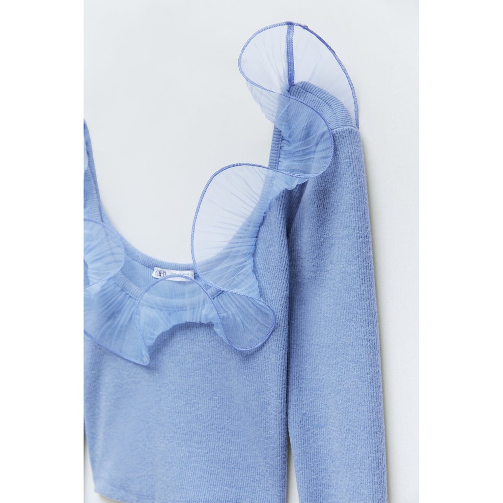 Zara Đức - Áo thun sale auth new tag cao cấp chính hãng cổ thuyền vuông organza bèo tay dài nữ xanh baby blue