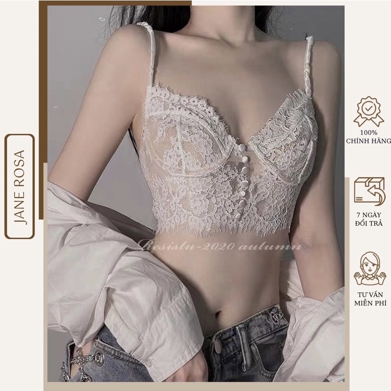 Áo Bralette ren mềm cúp hàng cúc lụa móc cài đôi sau 2 màu đen trắng cao cấp